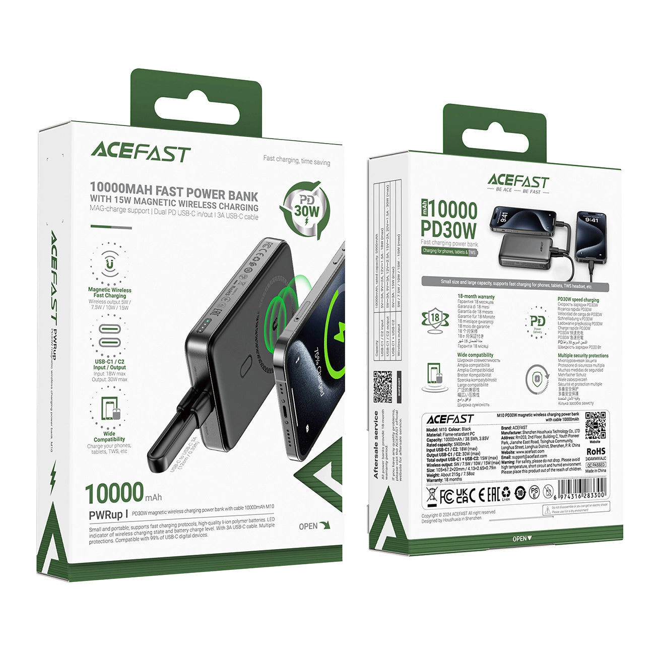 Εξωτερική Μπαταρία Wireless Acefast M10, 10000mAh, 30W, PD + FQI, 1 x QI - 2 x USB-C, Μαύρη