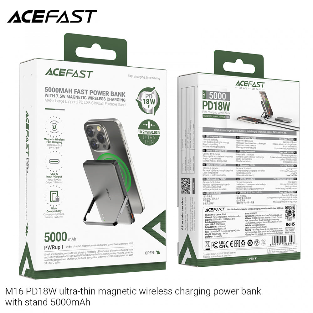 Εξωτερική Μπαταρία Wireless Acefast M16, 5000mAh, 18W, PD + FQI, 1 x QI - 1 x USB-C, Μαύρη
