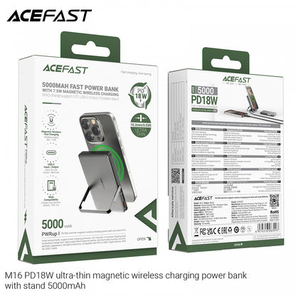 Εξωτερική Μπαταρία Wireless Acefast M16, 5000mAh, 18W, PD + FQI, 1 x QI - 1 x USB-C, Μαύρη