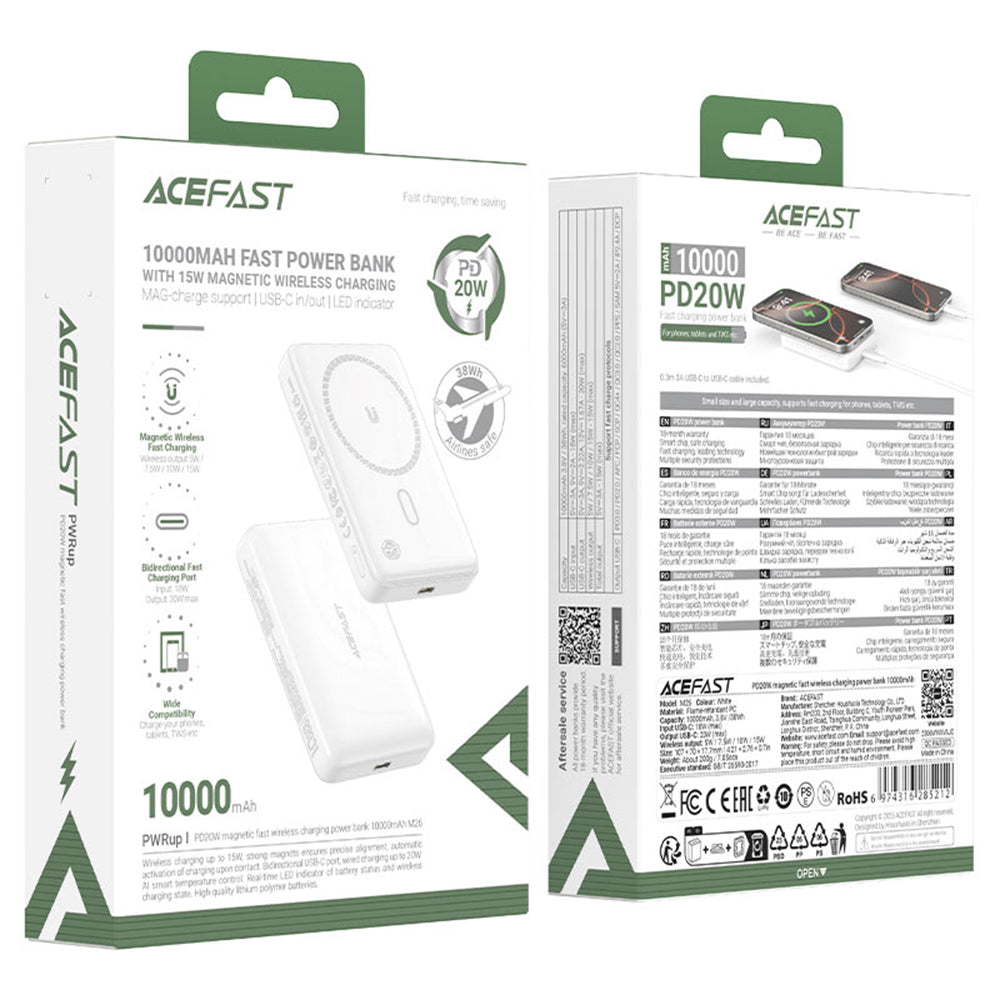 Εξωτερική Μπαταρία Wireless Acefast M26, 10000mAh, 20W, PD + FQI, 1 x QI - 1 x USB-C, Λευκή