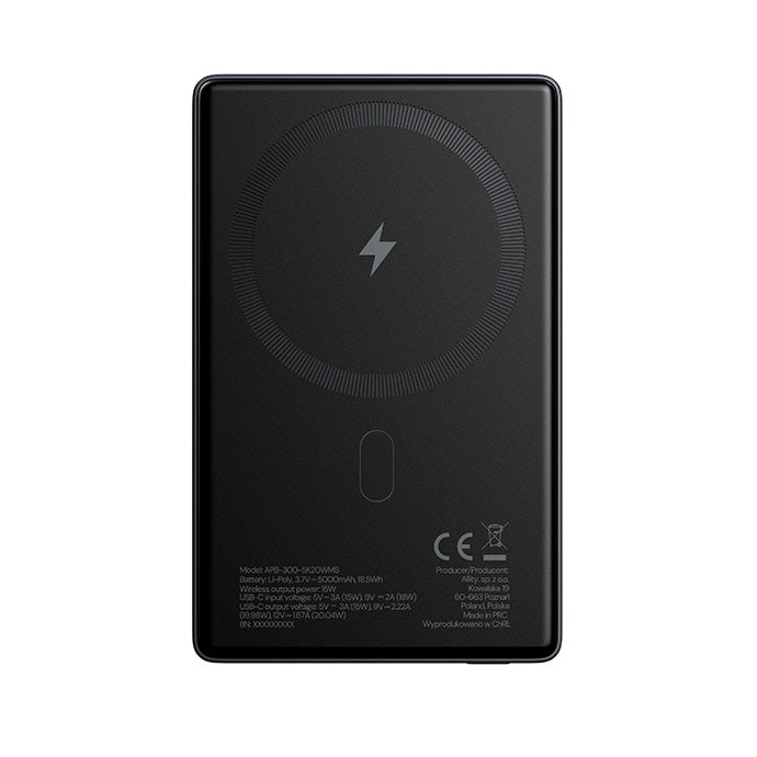 Allity Wireless External Battery. APB-300, 5000mAh, 20W, PD + QC, 1 x QI - 1 x USB-C, Gray