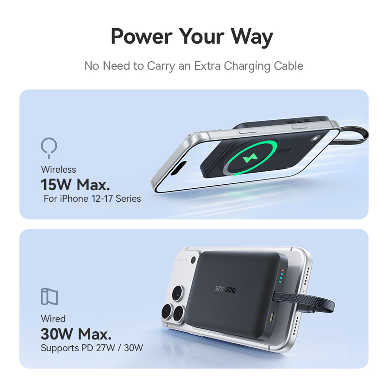 Baseus EnerFill FM11 Magnetic Wireless External Battery, 10000mAh, 30W, PD + FQI, 1 x QI - 2 x USB-C, Black E0028904