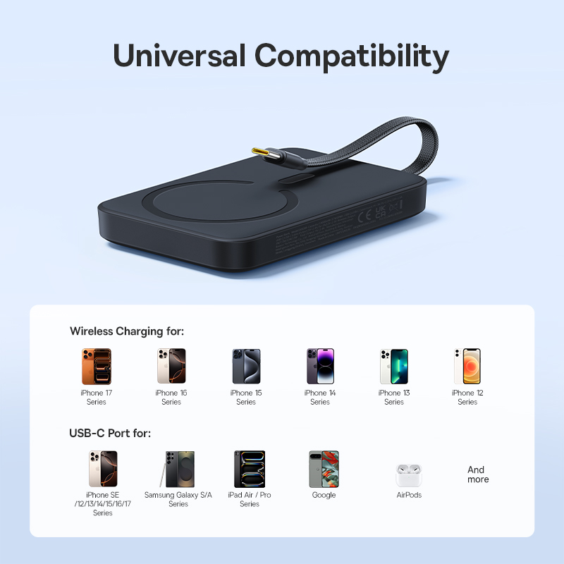 Baseus EnerFill FM11 Magnetic Wireless External Battery, 10000mAh, 30W, PD + FQI, 1 x QI - 2 x USB-C, Black E0028904