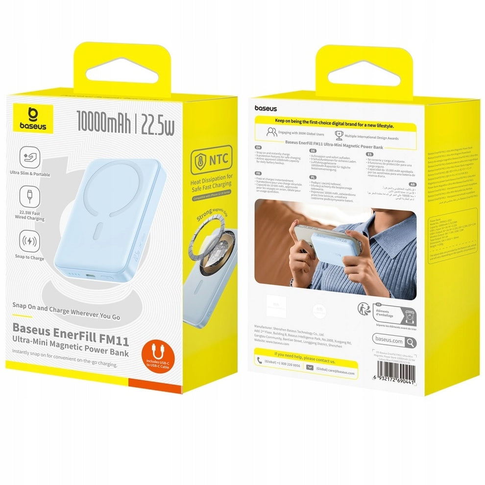 Εξωτερική Ασύρματη Μπαταρία Baseus EnerFill FM11 Ultra-Mini, 10000mAh, 22.5W, PD + FQI, 1 x QI - 1 x USB-C, Μπλε P1008210E313-00