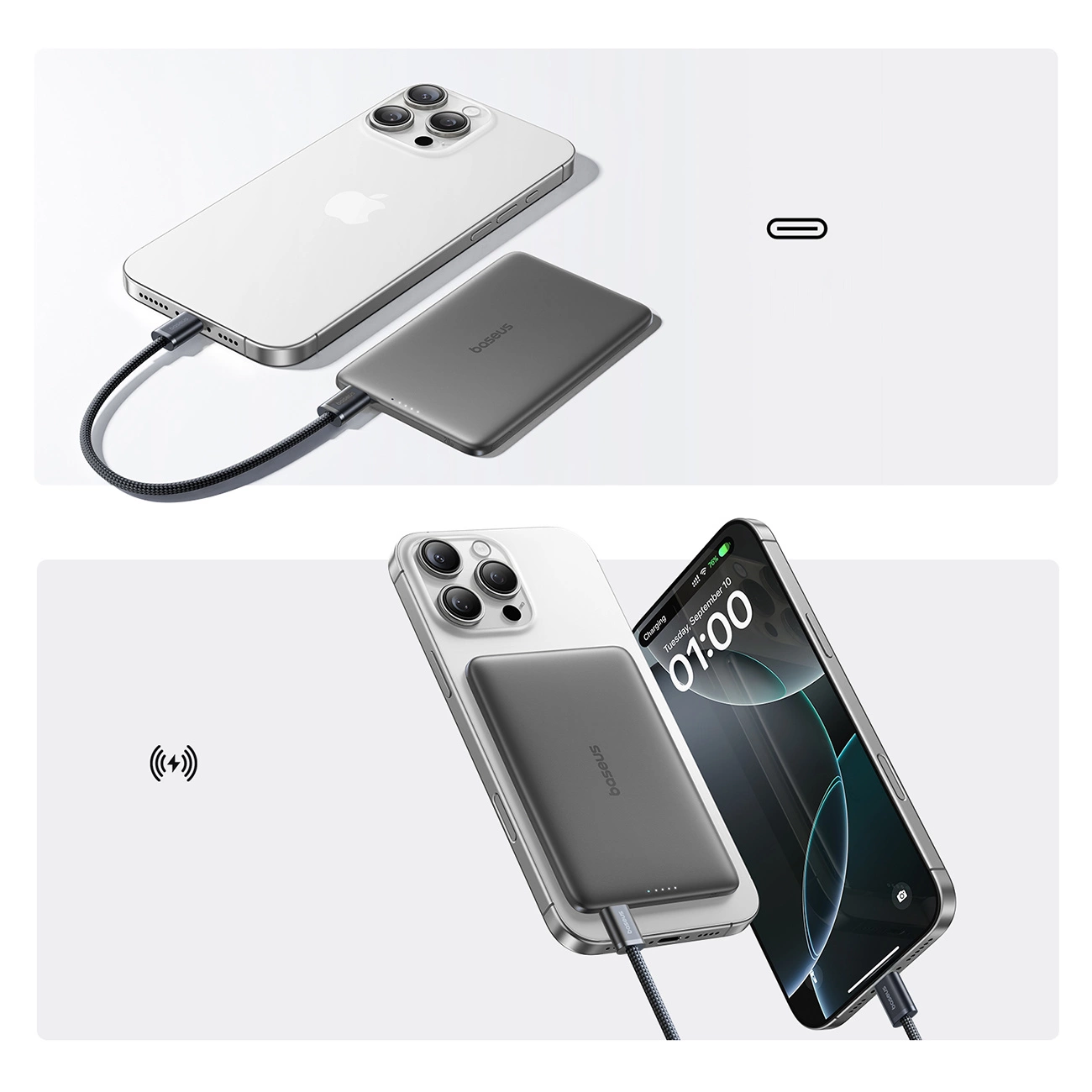 Εξωτερική Μπαταρία Wireless Baseus PicoGo AM41, 5000mAh, 20W, PD + FQI, 1 x QI - 1 x USB-C, Μαύρη