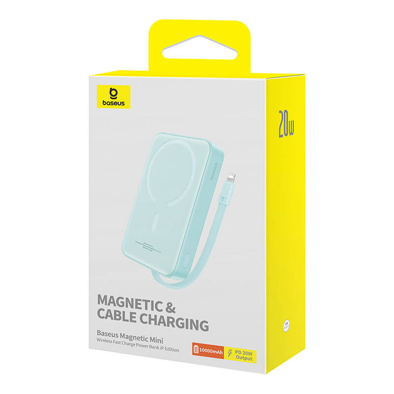 Baseus Magnetic Mini Wireless External Battery, 10000mAh, 20W, PD + FQI, 1 x Lightning - 1 x QI - 1 x USB-C, Green P10022109333-00