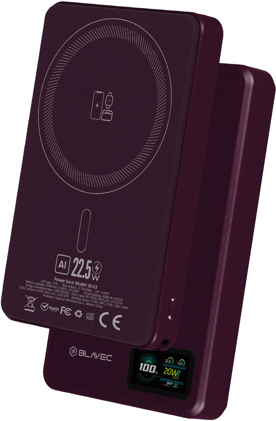 Εξωτερική ασύρματη μπαταρία Blavec BJ-03 Slim, 10000mAh, 22.5W, PD + FQI, 1 x QI - 1 x USB-C, Μωβ