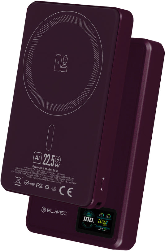 Εξωτερική ασύρματη μπαταρία Blavec BJ-03 Slim, 10000mAh, 22.5W, PD + FQI, 1 x QI - 1 x USB-C, Μωβ