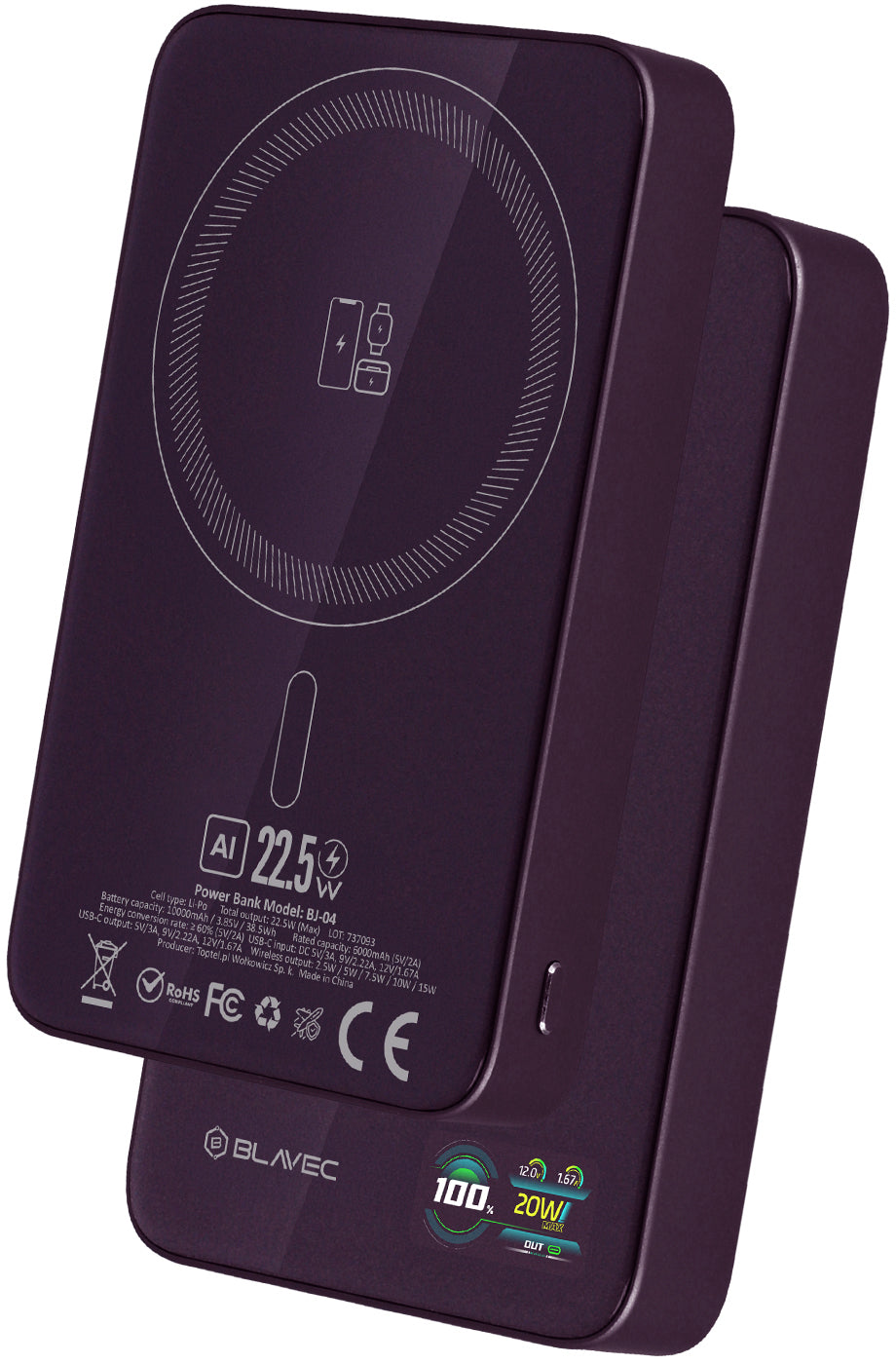 Ασύρματη εξωτερική μπαταρία Blavec BJ-04 Slim, 10000 mAh, 22,5 W, PD + FQI, 1 x QI - 1 x USB-C, Μωβ