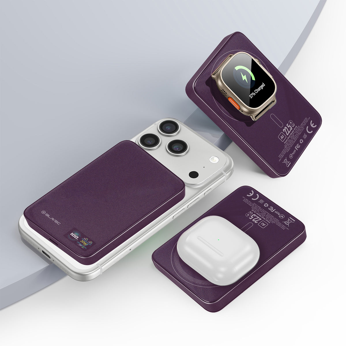 Ασύρματη εξωτερική μπαταρία Blavec BJ-04 Slim, 10000 mAh, 22,5 W, PD + FQI, 1 x QI - 1 x USB-C, Μωβ