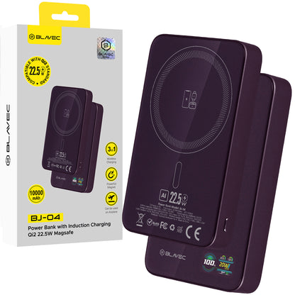 Ασύρματη εξωτερική μπαταρία Blavec BJ-04 Slim, 10000 mAh, 22,5 W, PD + FQI, 1 x QI - 1 x USB-C, Μωβ