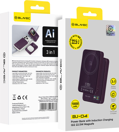 Ασύρματη εξωτερική μπαταρία Blavec BJ-04 Slim, 10000 mAh, 22,5 W, PD + FQI, 1 x QI - 1 x USB-C, Μωβ