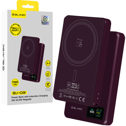 Εξωτερική ασύρματη μπαταρία Blavec BJ-03 Slim, 10000mAh, 22.5W, PD + FQI, 1 x QI - 1 x USB-C, Μωβ