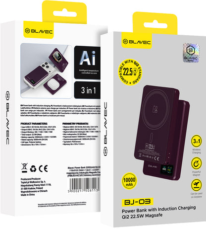 Εξωτερική ασύρματη μπαταρία Blavec BJ-03 Slim, 10000mAh, 22.5W, PD + FQI, 1 x QI - 1 x USB-C, Μωβ