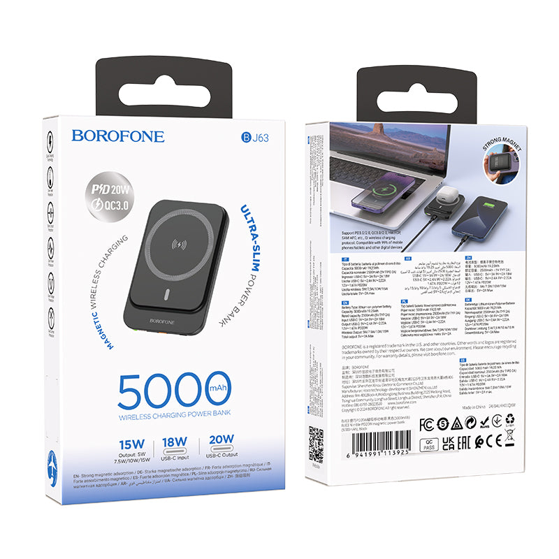 Borofone BJ63 Nimble Wireless External Battery, 5000mAh, 20W, PD + FQI, 1 x QI - 1 x USB-C, Black
