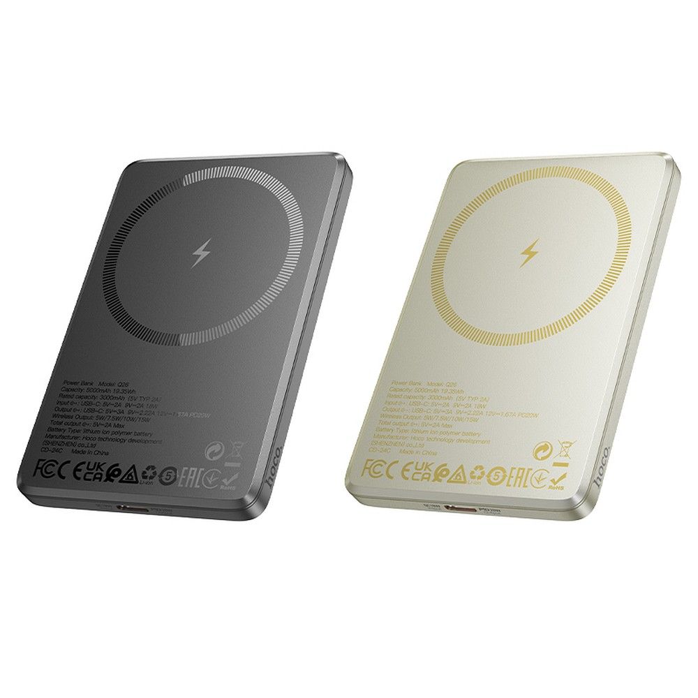 Wireless External Battery HOCO Q26, 5000mAh, 20W, PD + FQI, 1 x QI - 1 x USB-C, Gray
