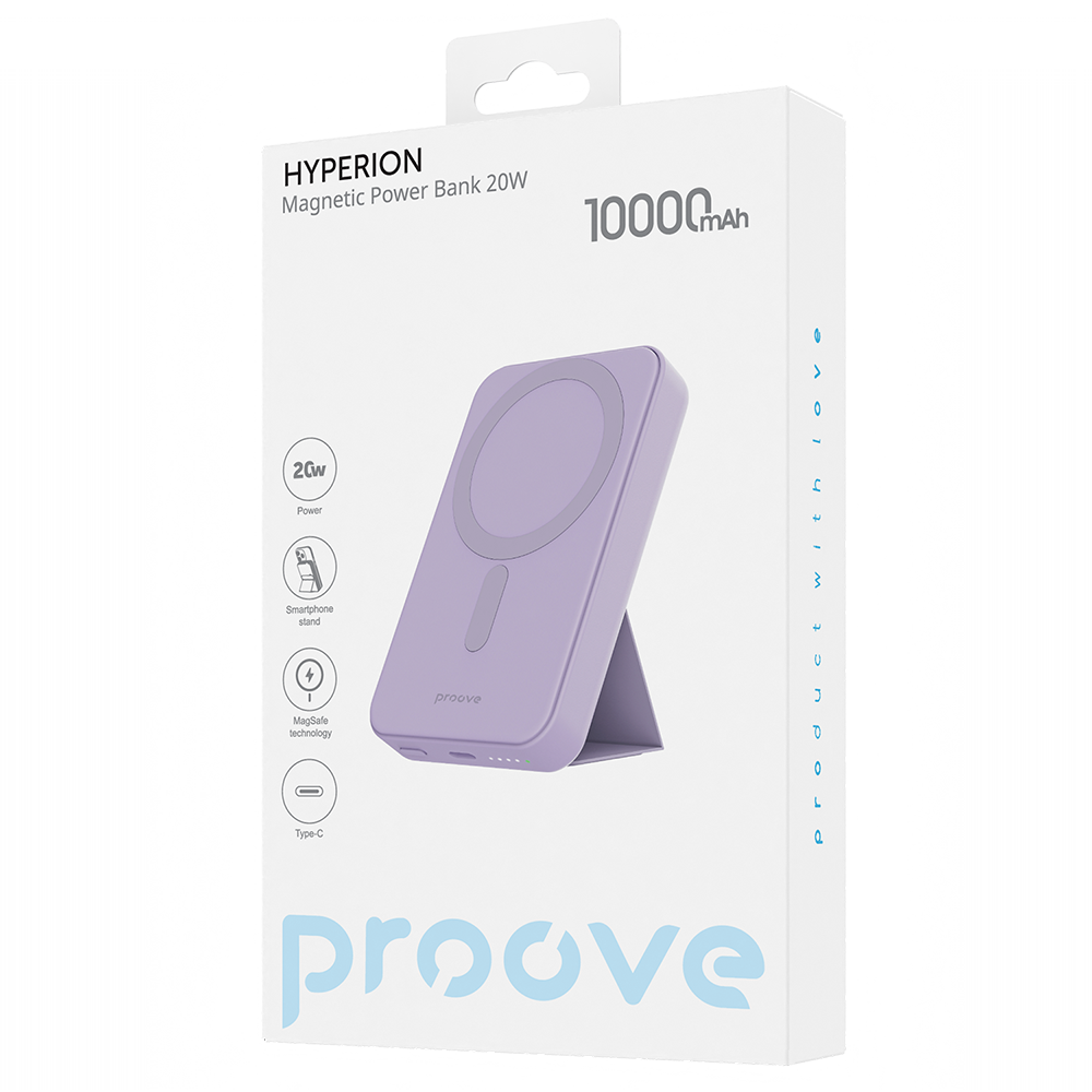 Εξωτερική Μπαταρία Wireless Proove Hyperion, 10000mAh, 20W, PD + FQI, 1 x QI - 1 x USB-C, Μωβ