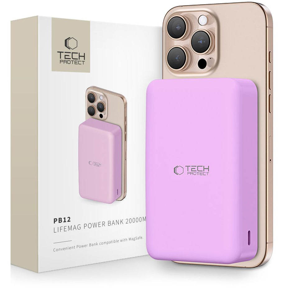 Εξωτερική ασύρματη μπαταρία Tech-Protect PB12 LifeMag, 20000mAh, 20W, QC + PD + FQI, 1 x QI - 1 x USB-A - 1 x USB-C, μωβ