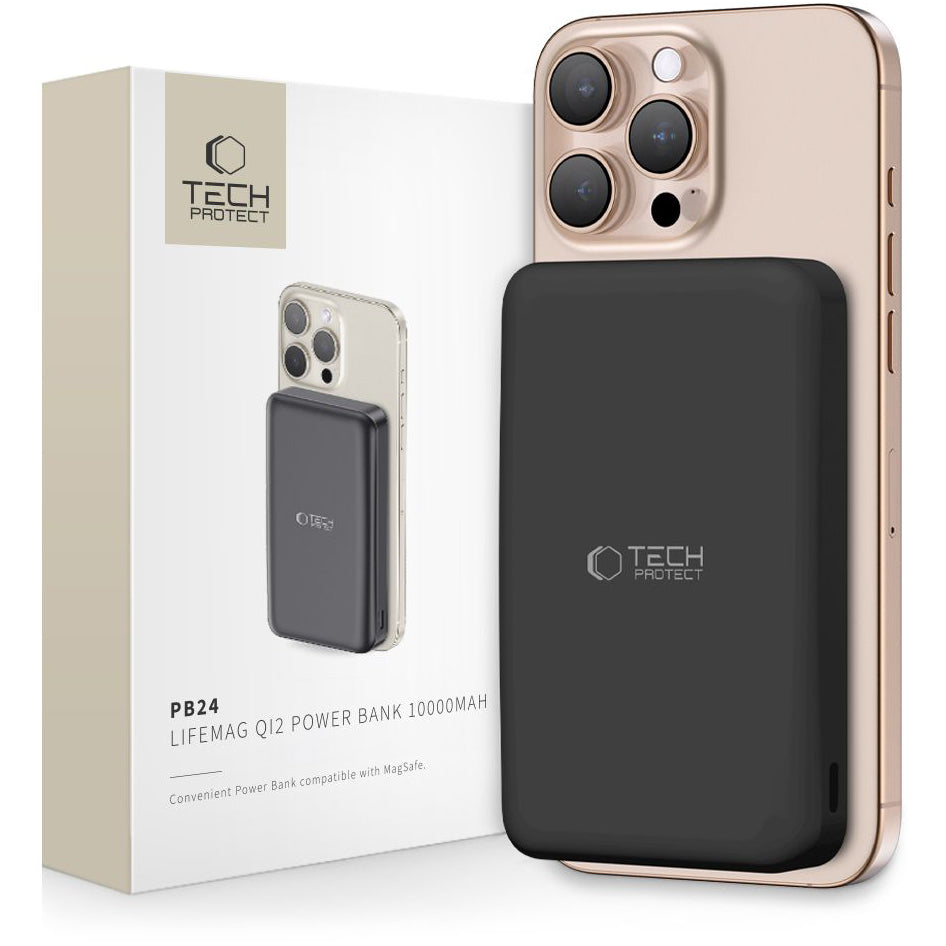 Εξωτερική ασύρματη μπαταρία Tech-Protect PB24 LifeMag, 10000mAh, 15W, PD + FQI, 1 x QI - 1 x USB-A - 1 x USB-C, Μαύρο