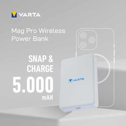 Varta Mag Pro Wireless External Battery, 5000mAh, 12W, 1 x QI - 1 x USB-C, White
