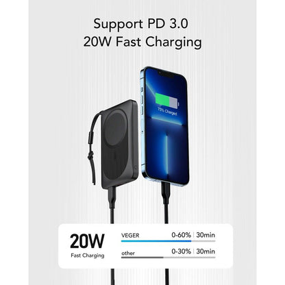 Veger VP1151 / W1151 Wireless External Battery, 10000mAh, 22.5W, QC + PD + FQI, 1 x QI - 1 x USB-A - 1 x USB-C, Black