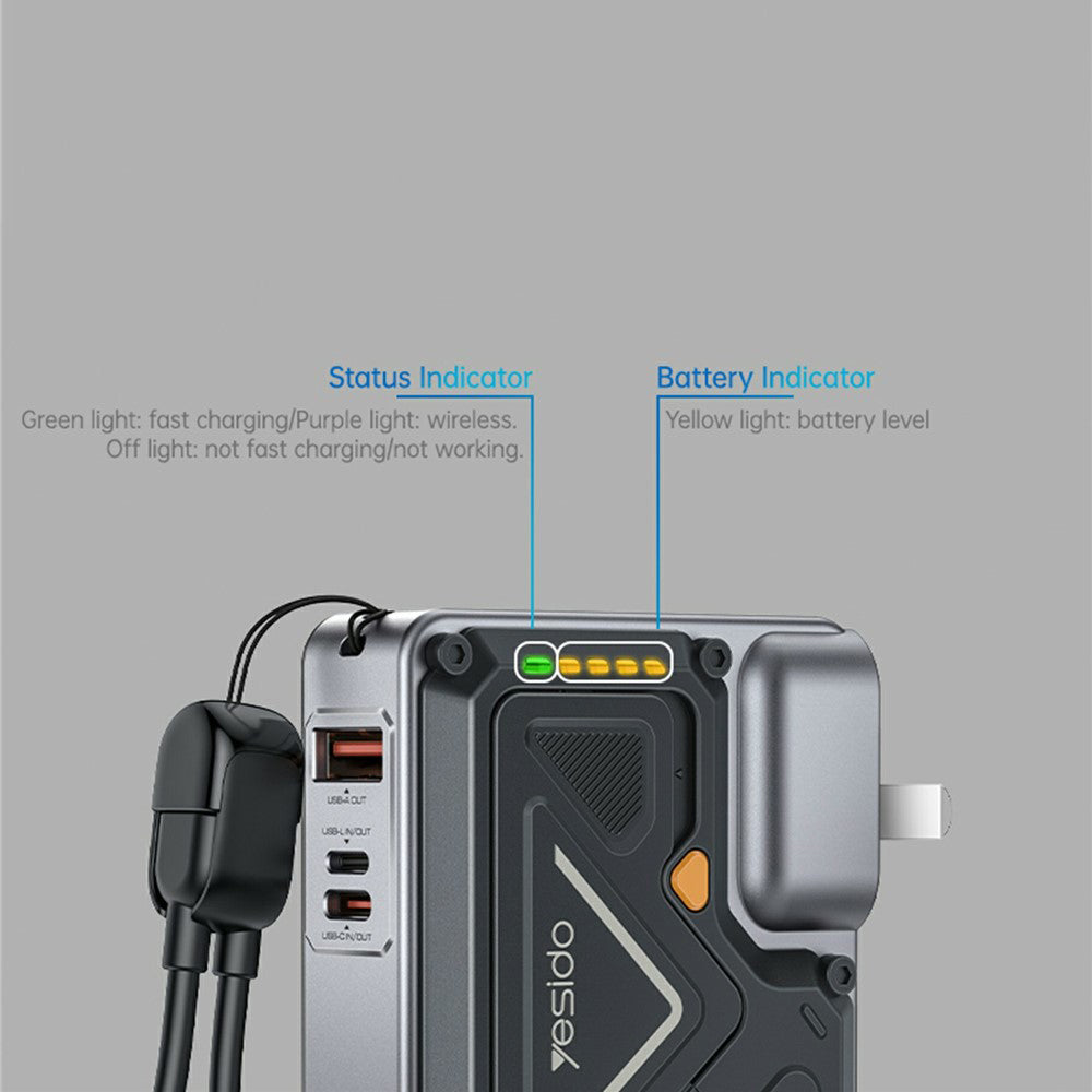 Εξωτερική Μπαταρία Yesido YP89, 10000mAh, 22.5W, QC + PD + FQI, 1 x Lightning - 1 x QI - 1 x USB-A - 1 x USB-C, Γκρι
