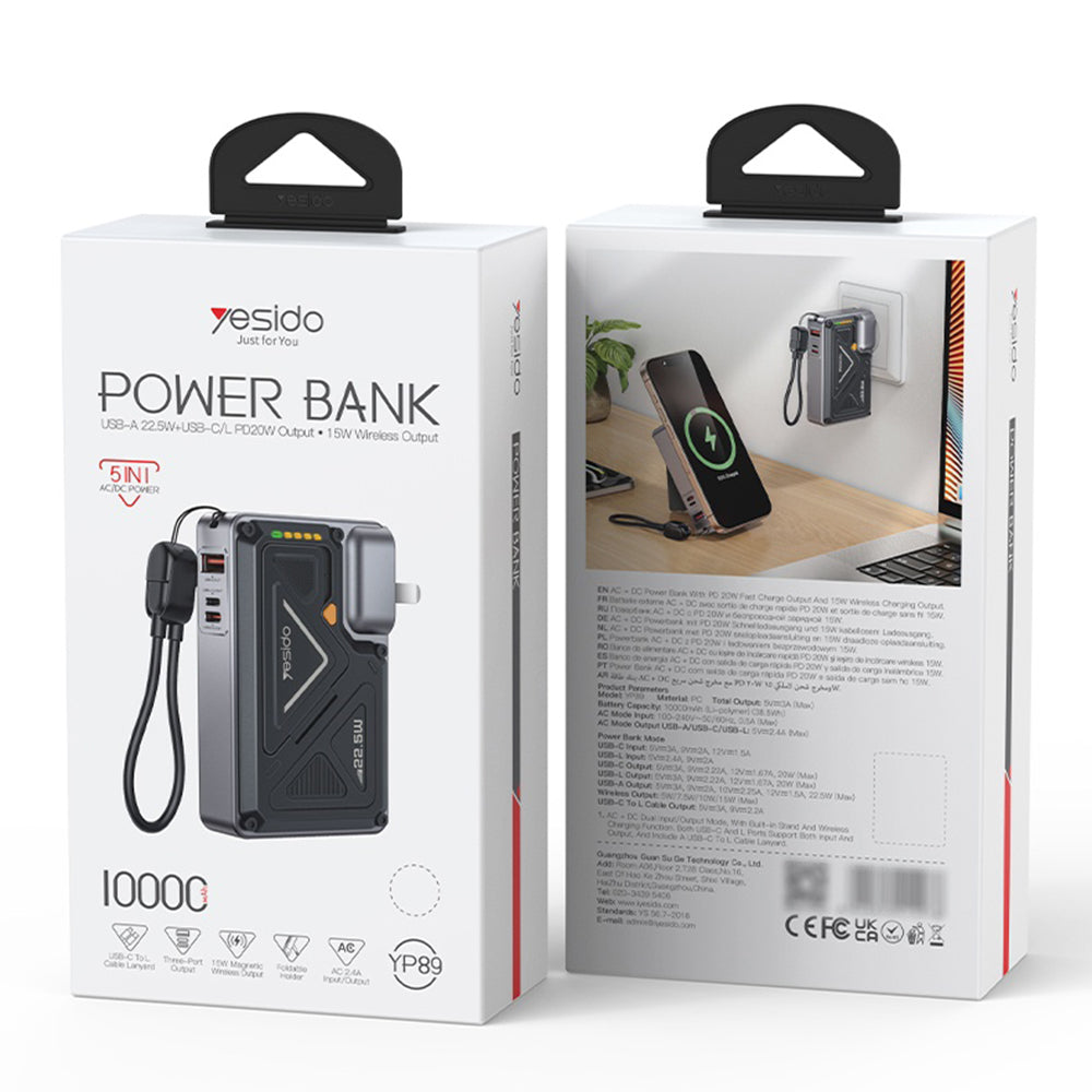 Εξωτερική Μπαταρία Yesido YP89, 10000mAh, 22.5W, QC + PD + FQI, 1 x Lightning - 1 x QI - 1 x USB-A - 1 x USB-C, Γκρι