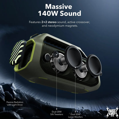 Φορητό Ηχείο Bluetooth Anker SoundCore Boom 2 Plus, 140W, TWS, RGB, Αδιάβροχο, Πράσινο A3134061