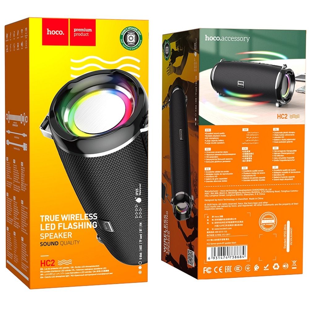 Φορητό Ηχείο Bluetooth HOCO HC2, 2 x 5W, TWS, RGB, Μαύρο