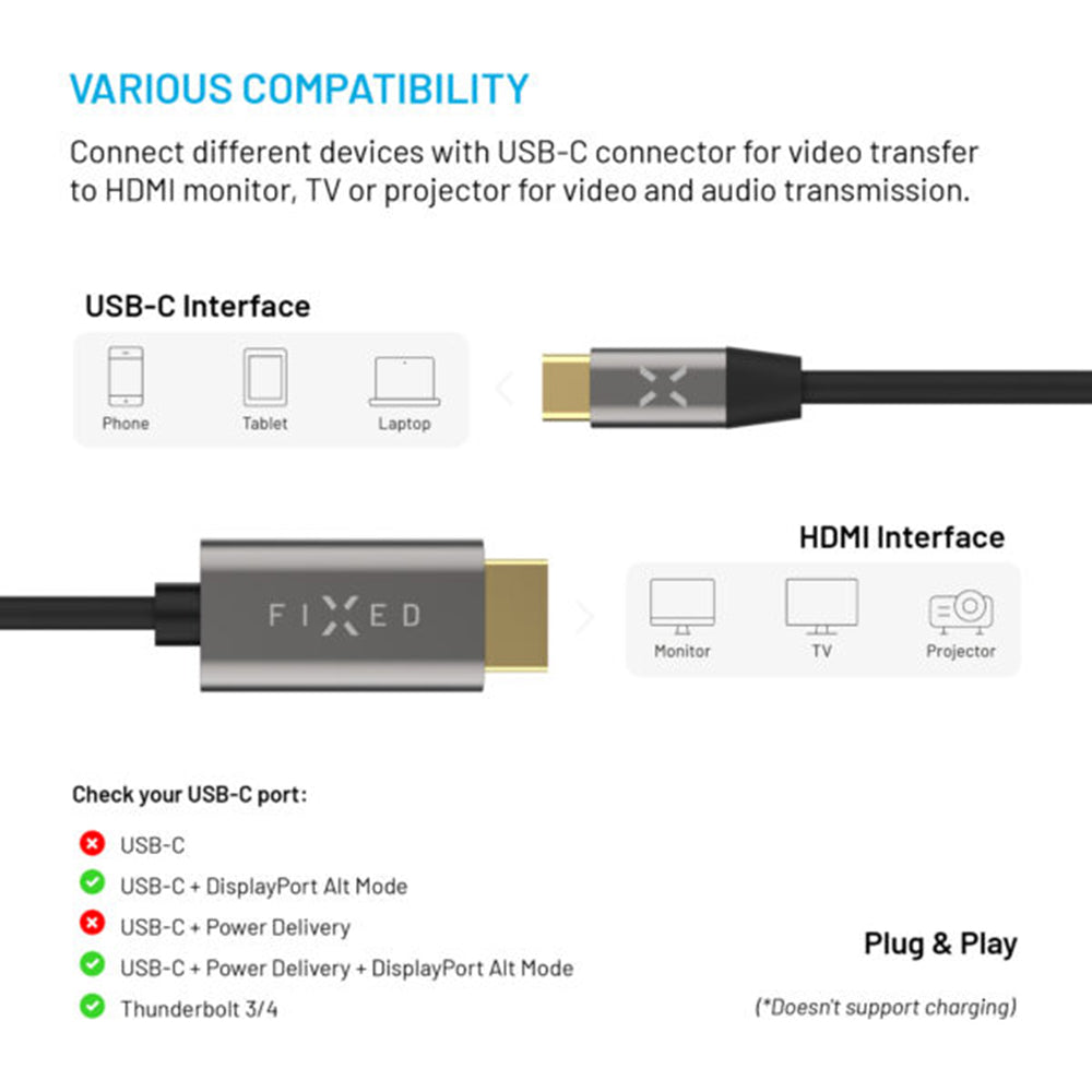 Καλώδιο Ήχου και Βίντεο USB-C - HDMI Fixed, 2m, Γκρι