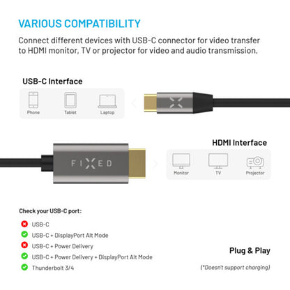 Καλώδιο Ήχου και Βίντεο USB-C - HDMI Fixed, 2m, Γκρι