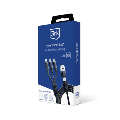 Καλώδιο φόρτισης USB-A / USB-C - Lightning / microUSB / USB-C 3MK Hyper 3in1, 12W, 1.5m, Μαύρο 