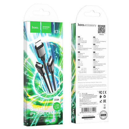 Καλώδιο Φόρτισης USB-A - Lightning / microUSB / USB-C HOCO X76 3σε1, 18W, 1m, Μαύρο