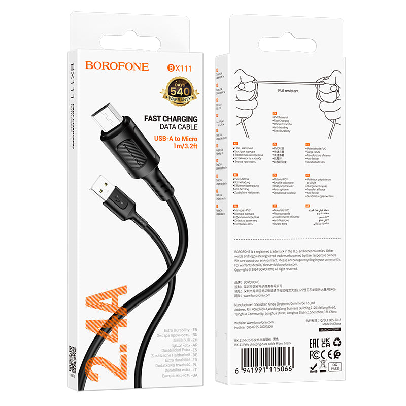 Καλώδιο δεδομένων και φόρτισης USB-A - microUSB Borofone BX111 Feliz, 18W, 1m, Μαύρο 