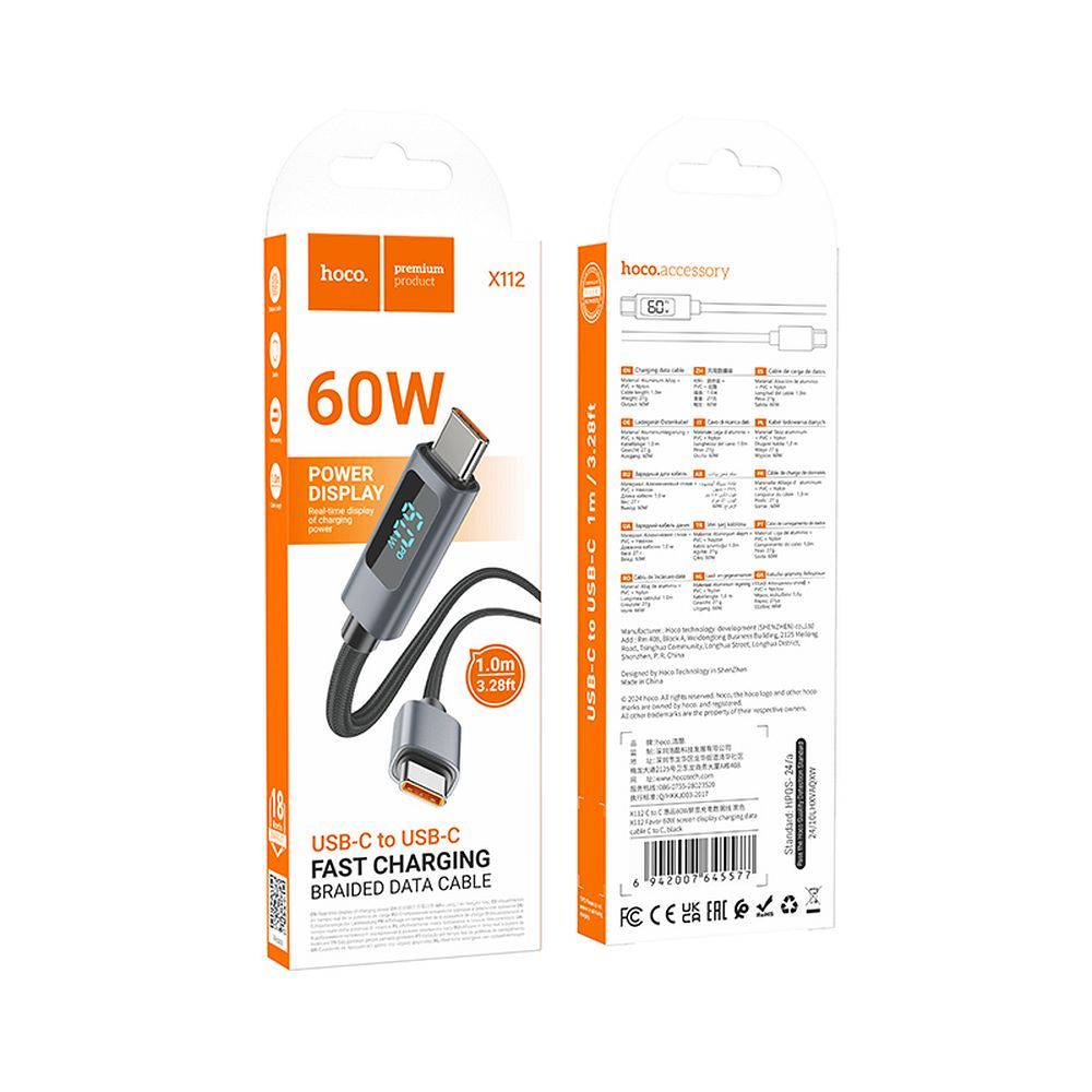 USB-C to USB-C Data and Charging Cable HOCO Display X112, 60W, 1m, Black