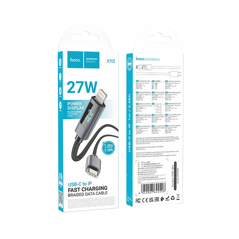 USB-C - Lightning Data and Charging Cable HOCO Display X112, 27W, 1m, Black