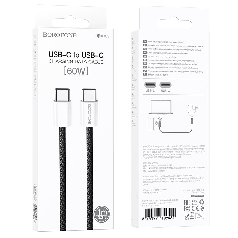 USB-C Data and Charging Cable - USB-C Borofone BX103 Original, 60W, 1m, Black