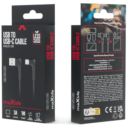 USB-A σε USB-C MaXlife MXUC-09 γωνιακό, 60W, 1m, μαύρο 