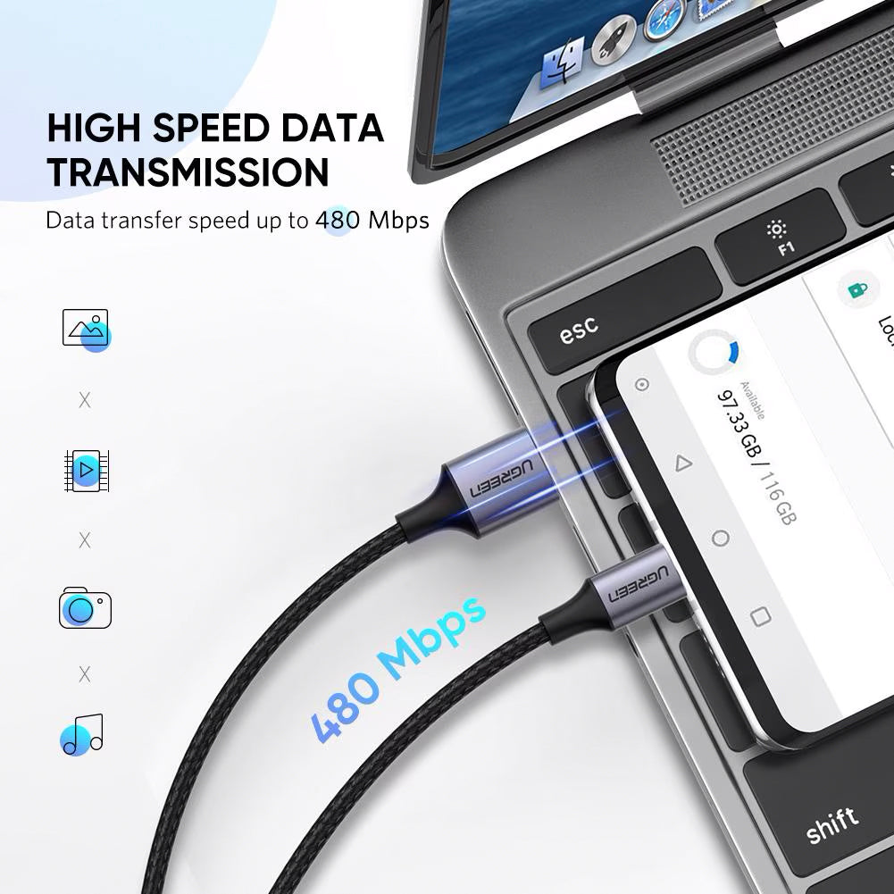 Καλώδιο δεδομένων και φόρτισης USB-A σε USB-C UGREEN US288, 18W, 0.5m, Μαύρο 