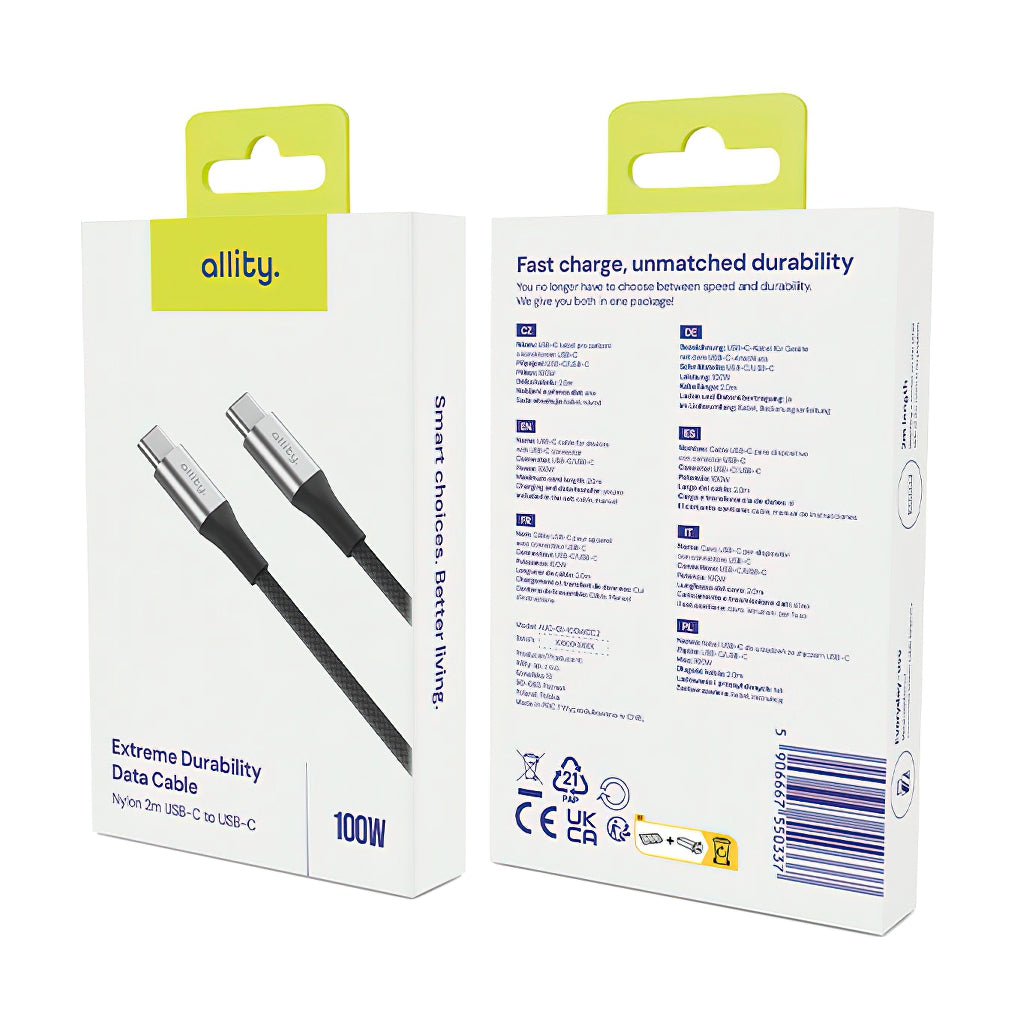 Καλώδιο Δεδομένων και Φόρτισης USB-C - USB-C Allity. AUC-01, 100W, 2m, Μαύρο
