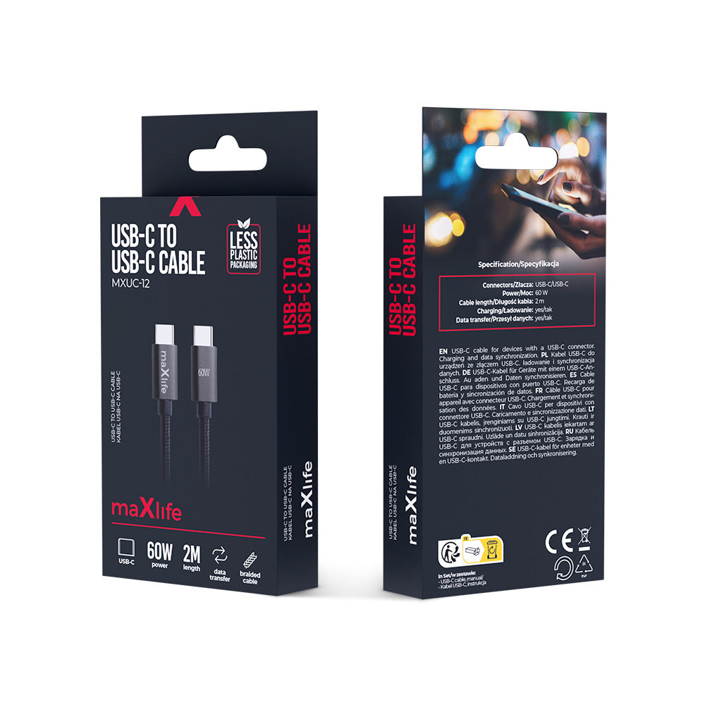 USB-C Data and Charging Cable - USB-C MaXlife MXUC-12, 60W, 2m, Black