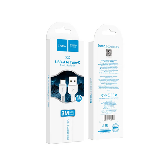 Καλώδιο Δεδομένων και Φόρτισης USB-A - USB-C HOCO Flash X20, 18W, 3μ, Λευκό