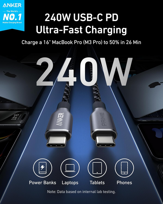 Καλώδιο δεδομένων και φόρτισης USB-C - USB-C Anker Prime, 240W, 0,9 m, Μαύρο A88E2011