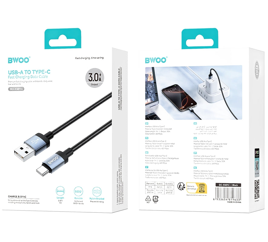 USB-A to USB-C Data and Charging Cable BWOO BO-X401C, 18W, 1m, Black