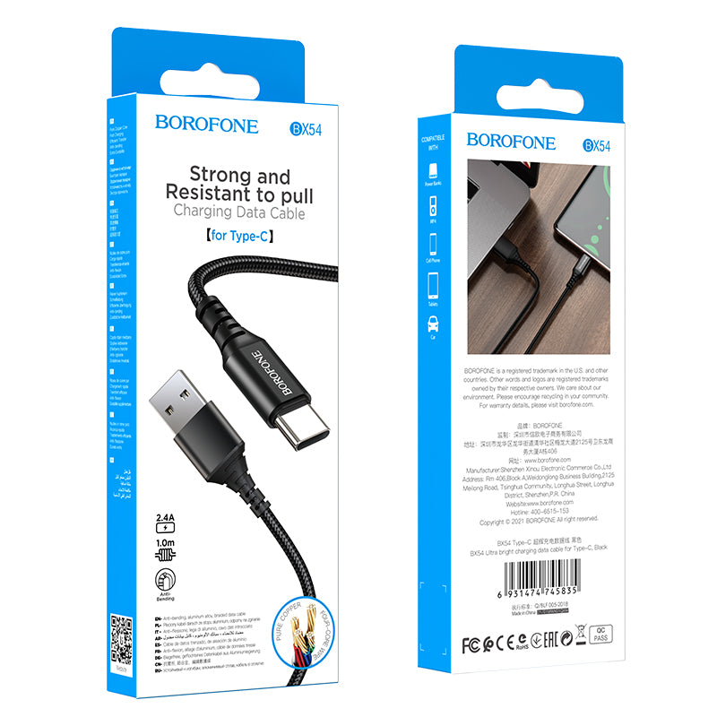 Καλώδιο δεδομένων και φόρτισης USB-A σε USB-C Borofone BX54 Ultra bright, 18W, 1m, Μαύρο