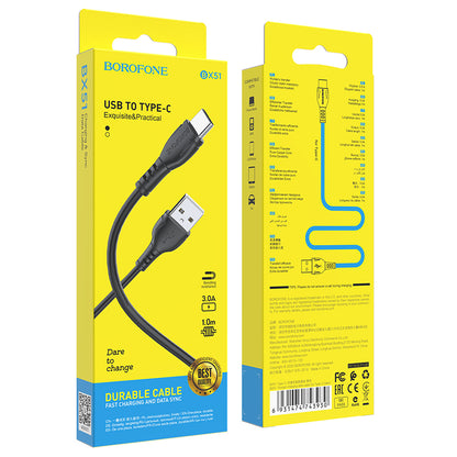 Καλώδιο δεδομένων και φόρτισης USB-A - USB-C Borofone BX51 Triumph MP BX51, 18W, 1m, Μαύρο