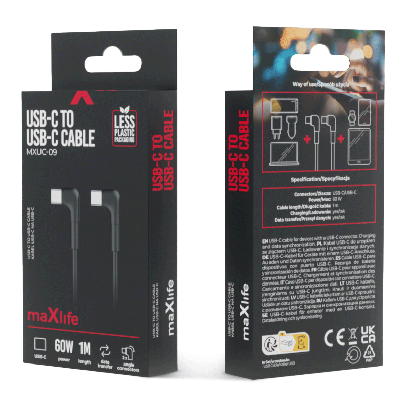 Καλώδιο δεδομένων και φόρτισης USB-C - USB-C MaXlife MXUC-09 MXUC-09 γωνιακό, 60W, 1m, μαύρο 