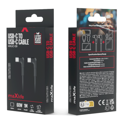 Καλώδιο δεδομένων και φόρτισης USB-C - USB-C MaXlife MXUC-09 MXUC-09 γωνιακό, 60W, 1m, μαύρο 