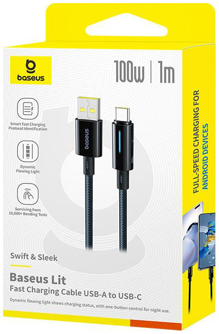 Καλώδιο Δεδομένων και Φόρτισης USB-A - USB-C Baseus Lit Button Control, 100W, 1m, Μαύρο P10379002121-00