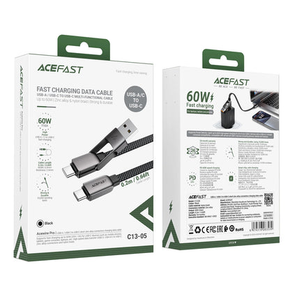 Καλώδιο Δεδομένων και Φόρτισης USB-C - USB-A / USB-C Acefast C13-05, 60W, 0.2m, Μαύρο